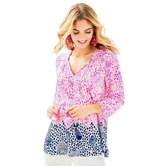 Lilly Pulitzer‎ Womens Marilina Top Raz Berry Heart and Sole Sz XXS Tunic Flowy - Picture 1 of 12